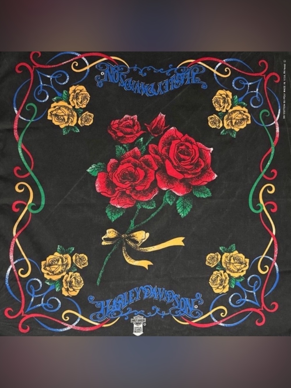 Vintage Harley Davidson Rose Floral Bandana USA Made Biker Scarf Black